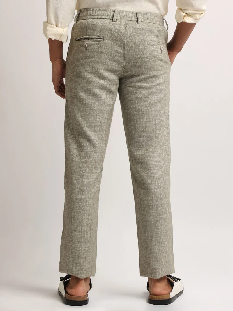 Maniac  Maniac Mens Solid Olive Elastic Linen Cotton Blend Trouser for Men | Best Price UAE